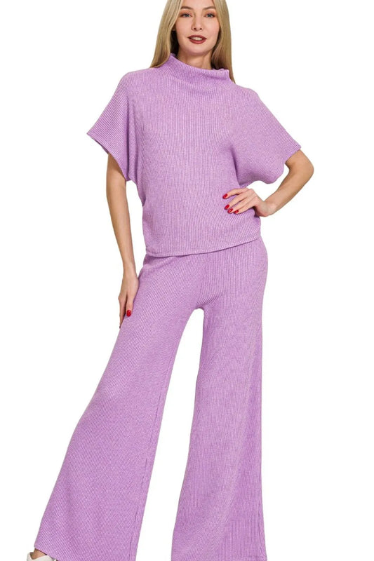 Zenana Sweater Mock Neck Top & Long Pants Set B LAVENDER Easy Apparels