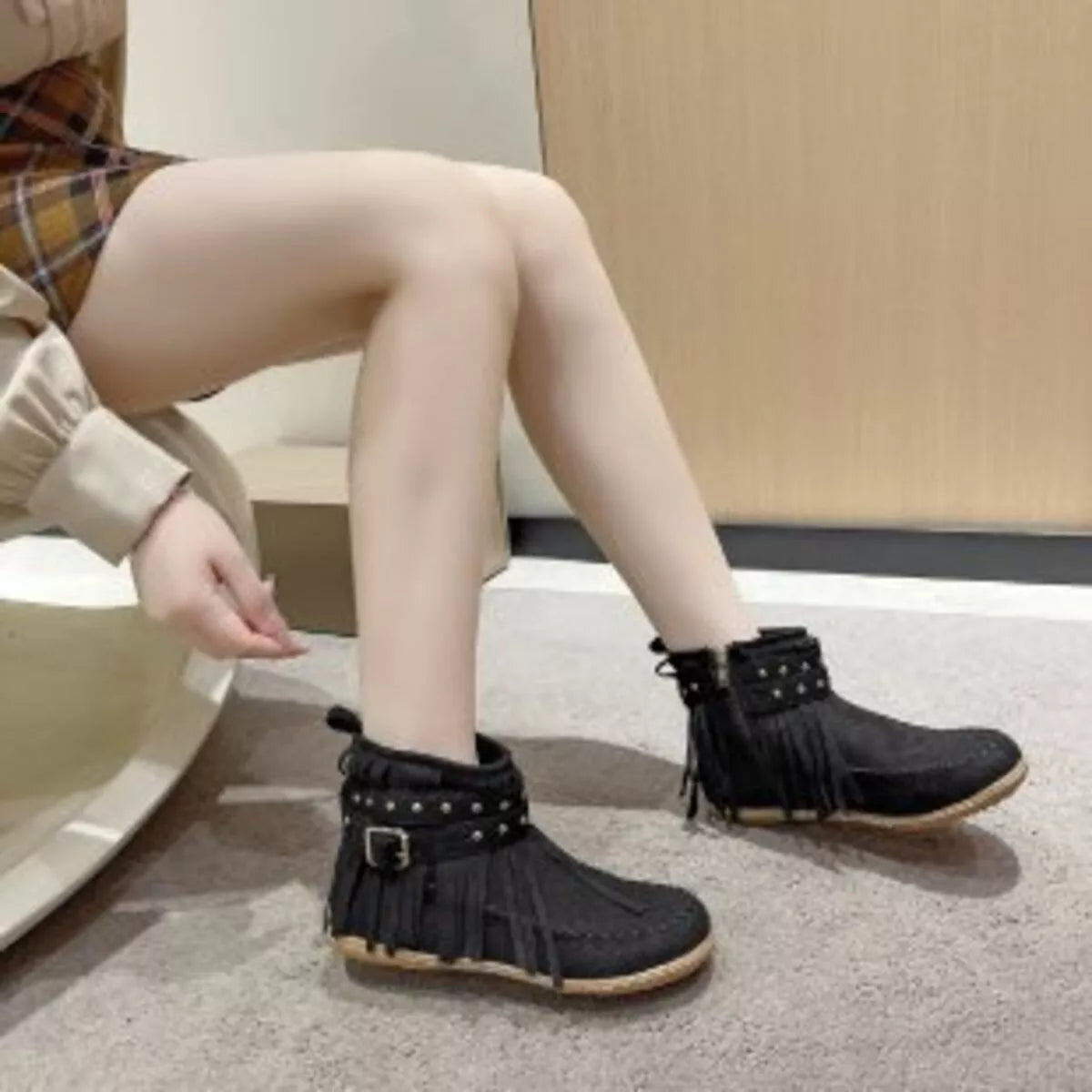 Fringe Round Toe Boots Easy Apparels