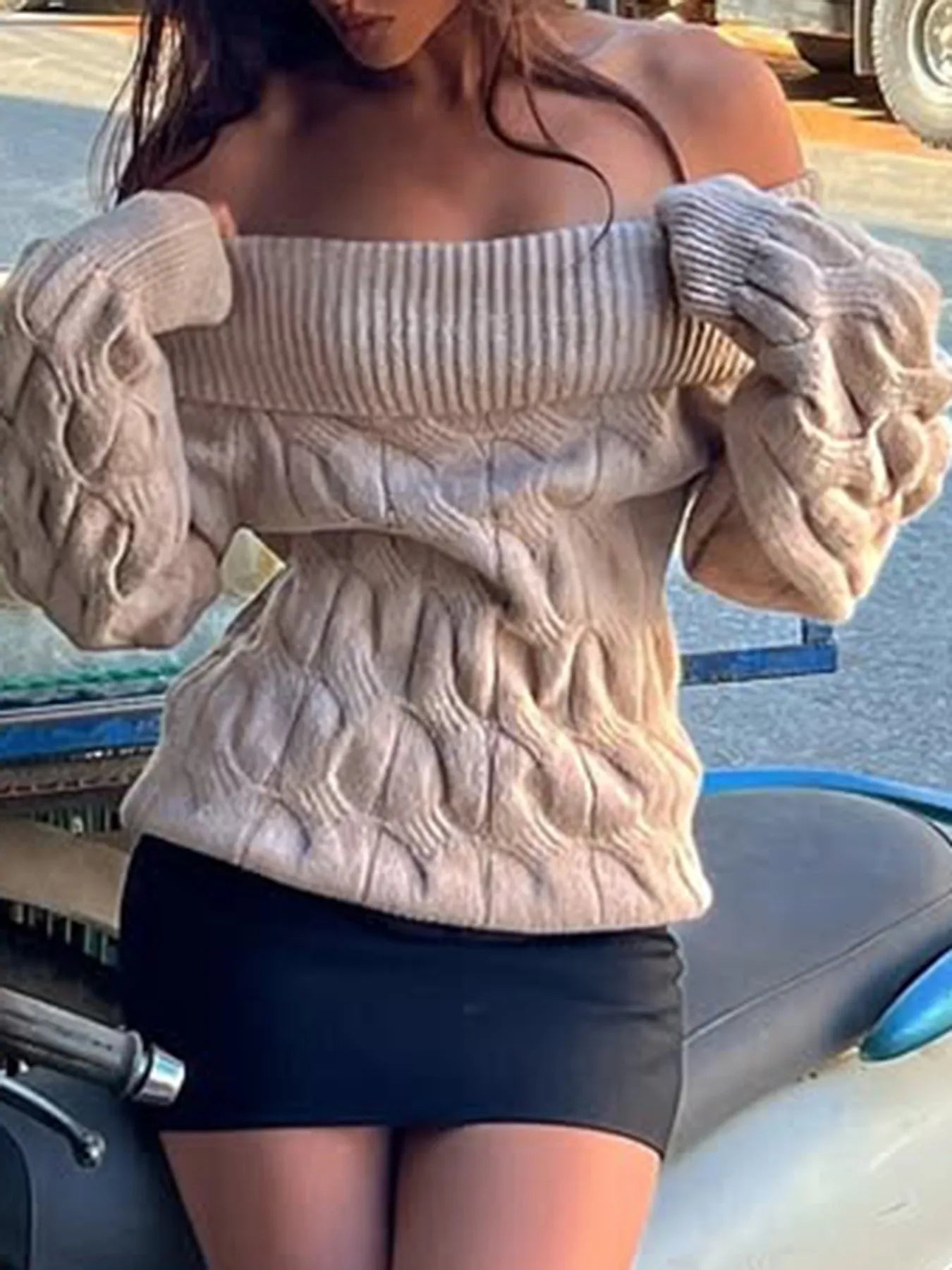 Trendsi Cable Knit Off-Shoulder Sweater Khaki