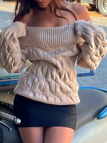 Trendsi Cable Knit Off-Shoulder Sweater Khaki