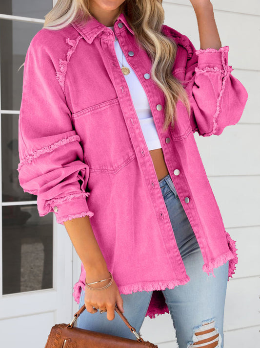 Button Down Raw Hem Denim Jacket Pink Easy Apparels