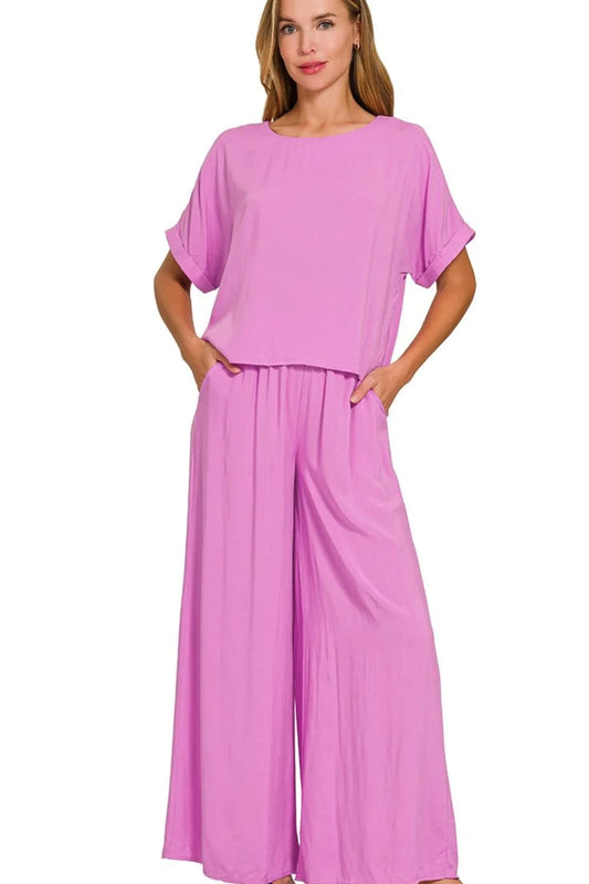 Zenana Round Neck T-Shirt and Wide Leg Pants Set BRIGHT MAUVE Easy Apparels