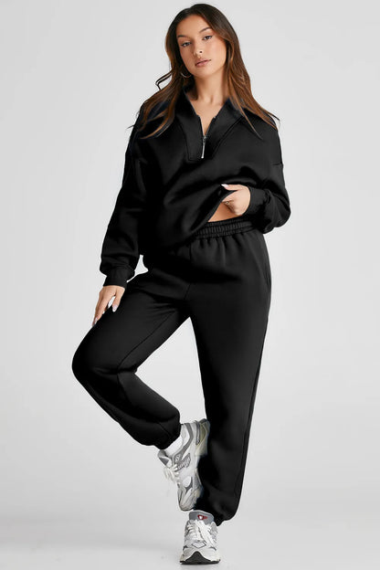 Quarter Zip Long Sleeve Top and Pants Set Easy Apparels