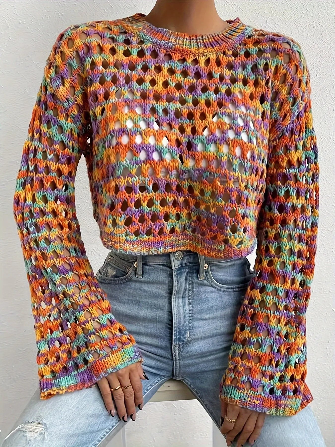 Trendsi Rainbow Crochet Hollow Out Cropped Sweater