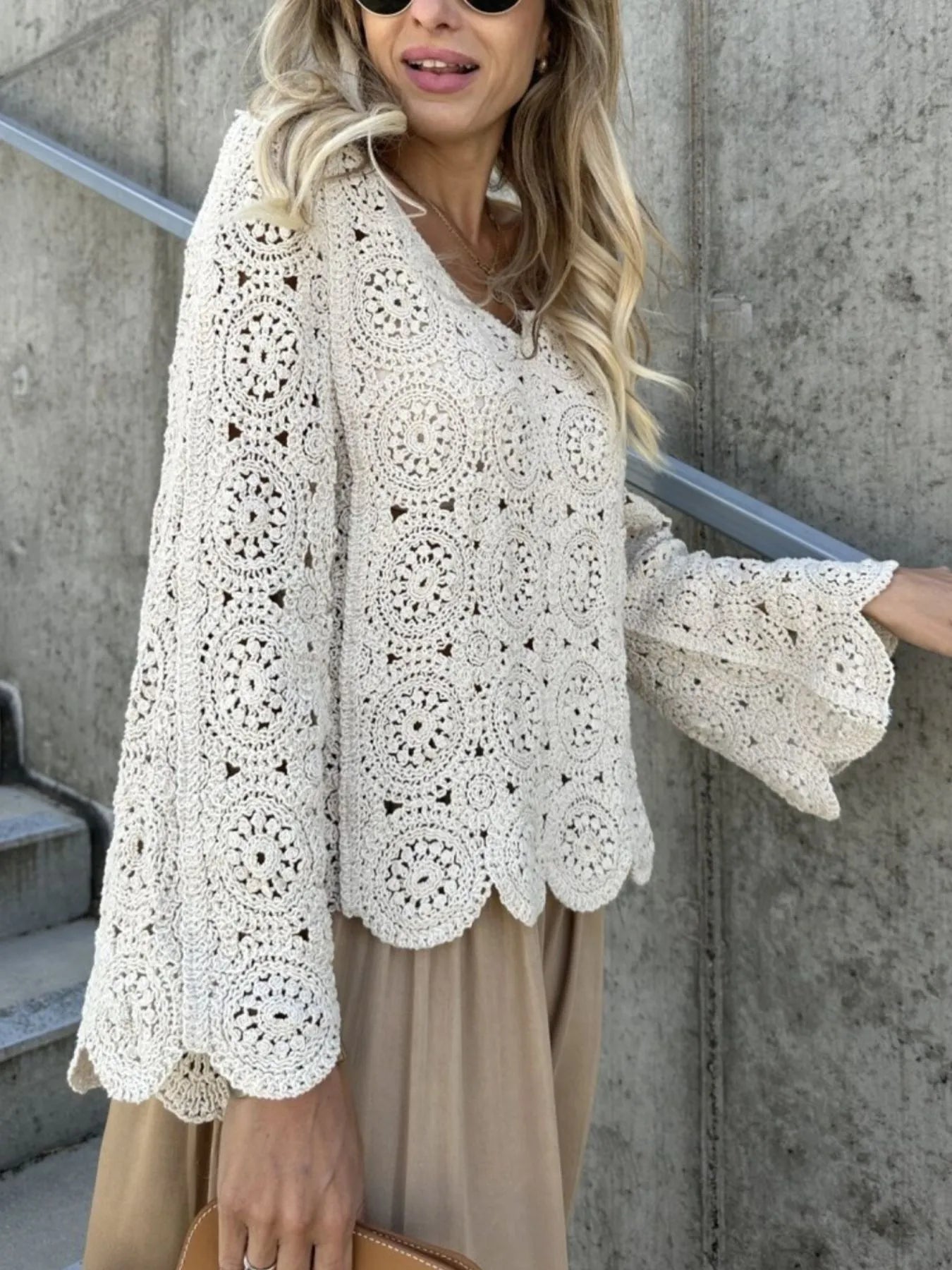 Trendsi Crochet Lace V-Neck Bell Sleeve Knit Top Apricot One Size