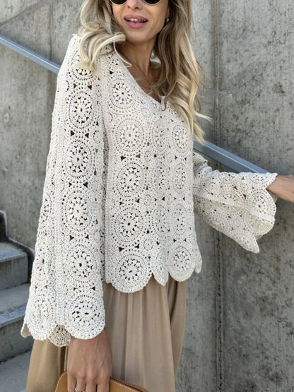 Trendsi Crochet Lace V-Neck Bell Sleeve Knit Top Apricot One Size