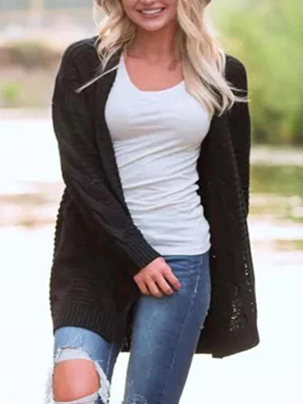 Cable-Knit Open Front Long Sleeve Cardigan Easy Apparels