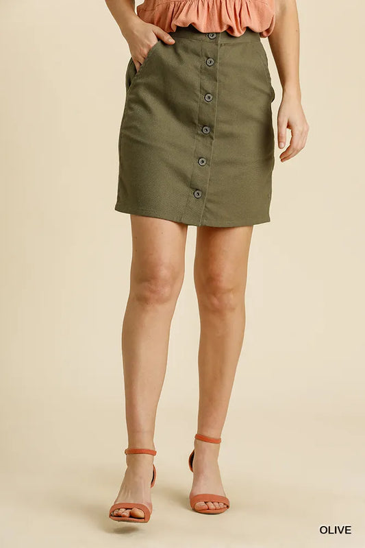 Umgee Button Down Skirt with Pockets Olive Easy Apparels