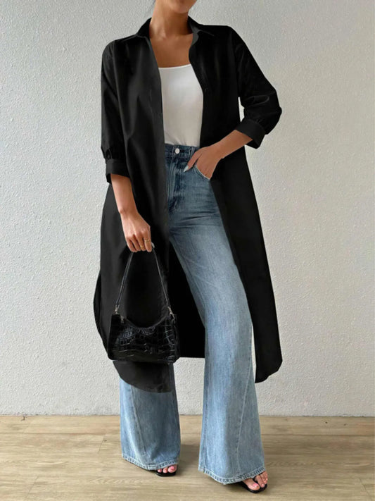 Trendsi Button-Up Long Sleeve Longline Shirt Black