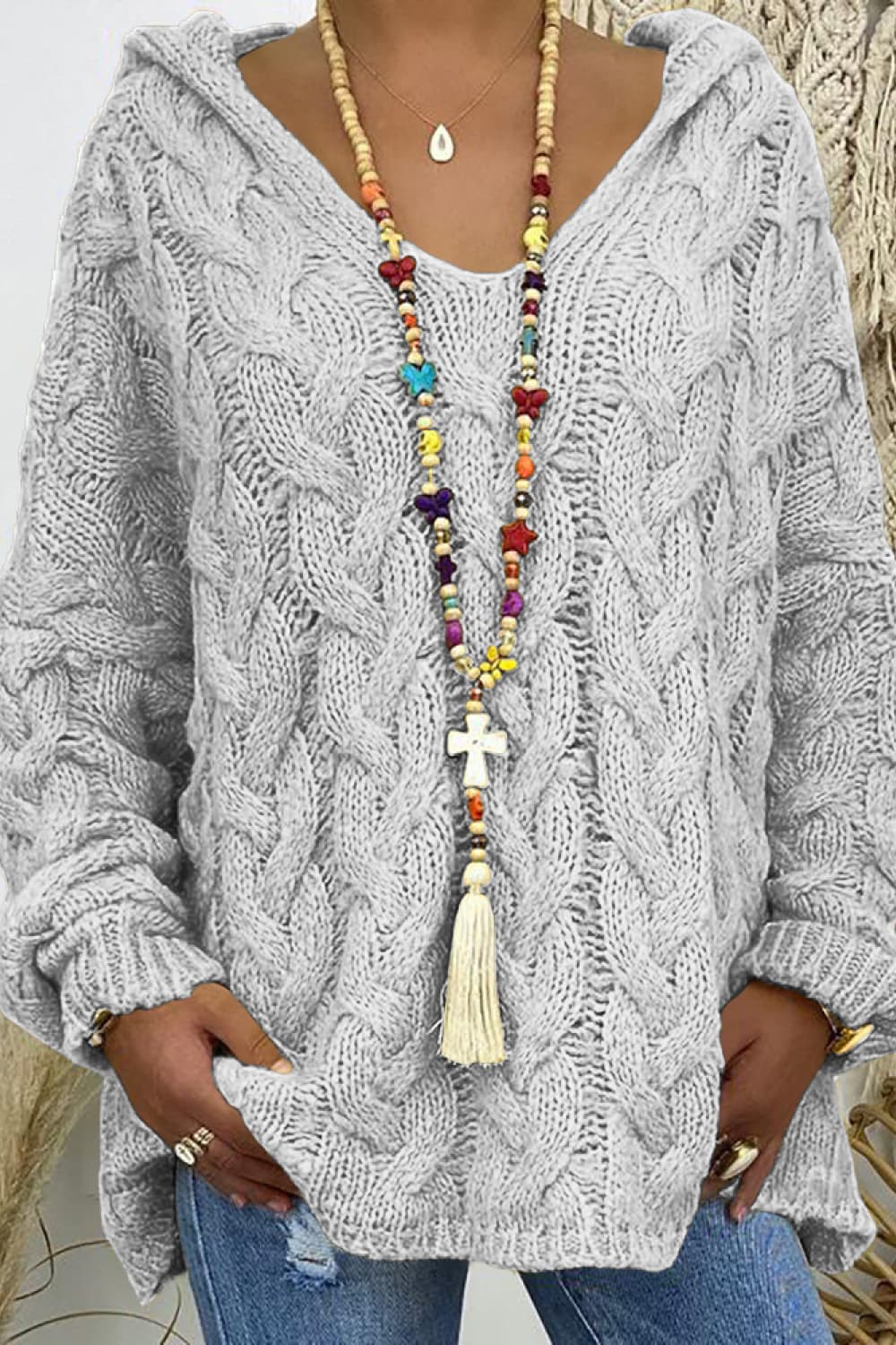 Cable-Knit Hooded Sweater Light Gray Easy Apparels