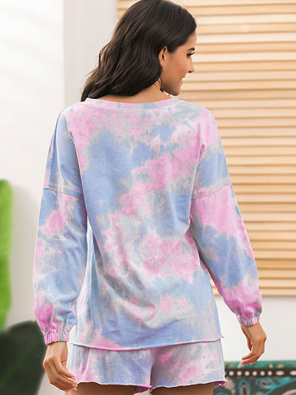 Ivy Lane Tie-Dye Long Sleeve Top and Shorts Lounge Set Easy Apparels