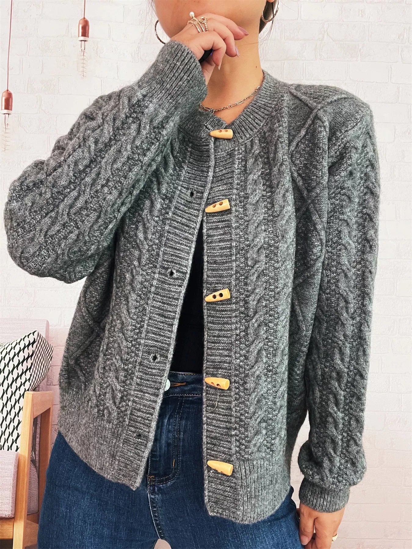 Cable Knit Button-Up Cardigan Easy Apparels