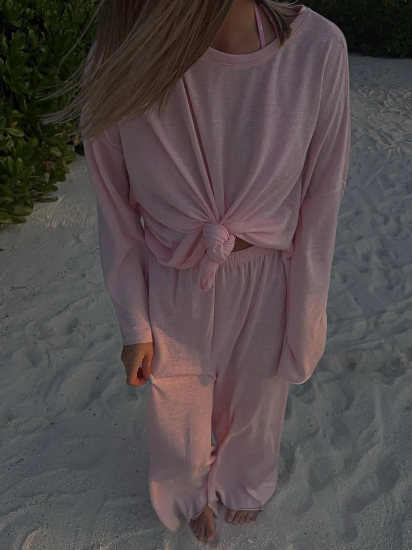 Trendsi Knotted Long Sleeve T-Shirt Pink