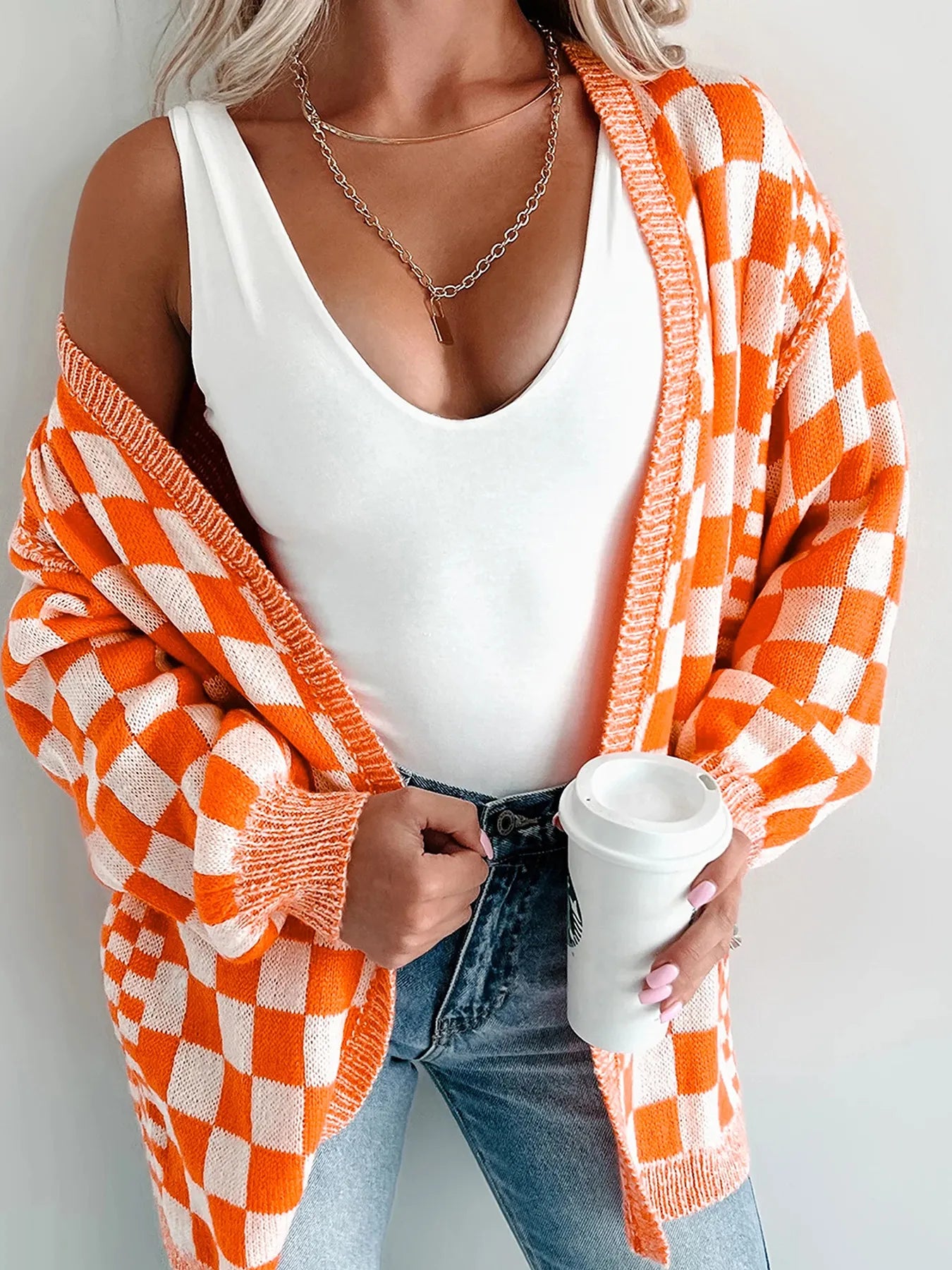 Checkered Pattern Open Front Cardigan Easy Apparels