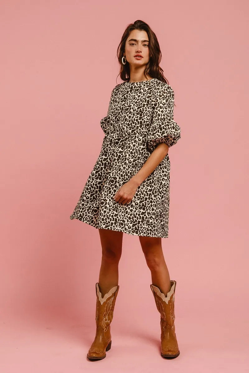 BiBi Leopard Denim Dress With Back Contrast Tie Detail Easy Apparels