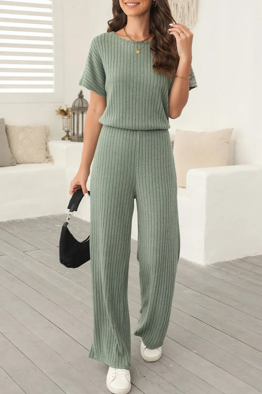 Ribbed Short Sleeve Wide Leg Jumpsuit Sage Easy Apparels