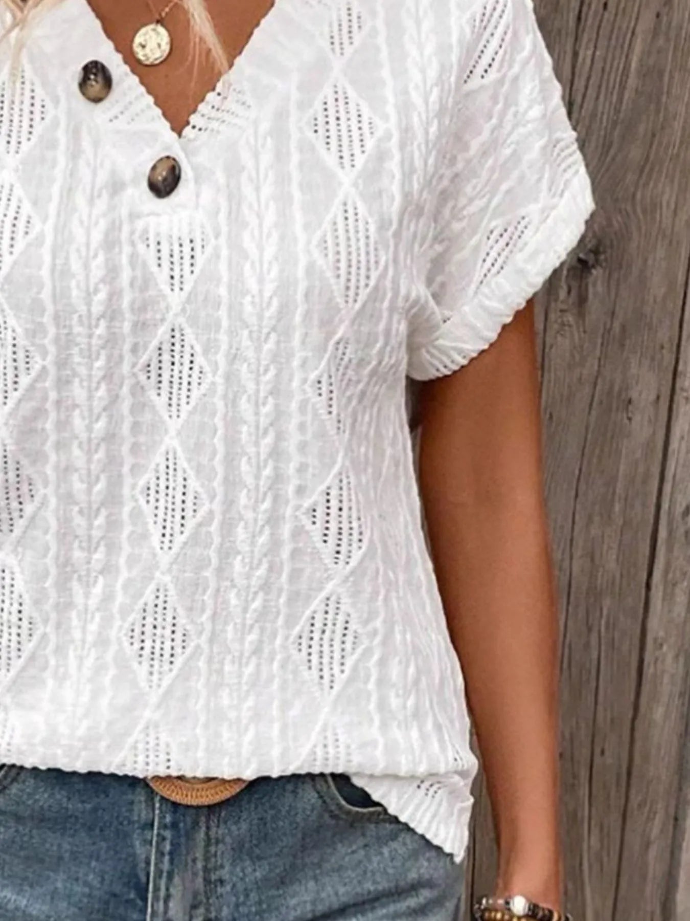 Trendsi Textured V-Neck Short Sleeve Top