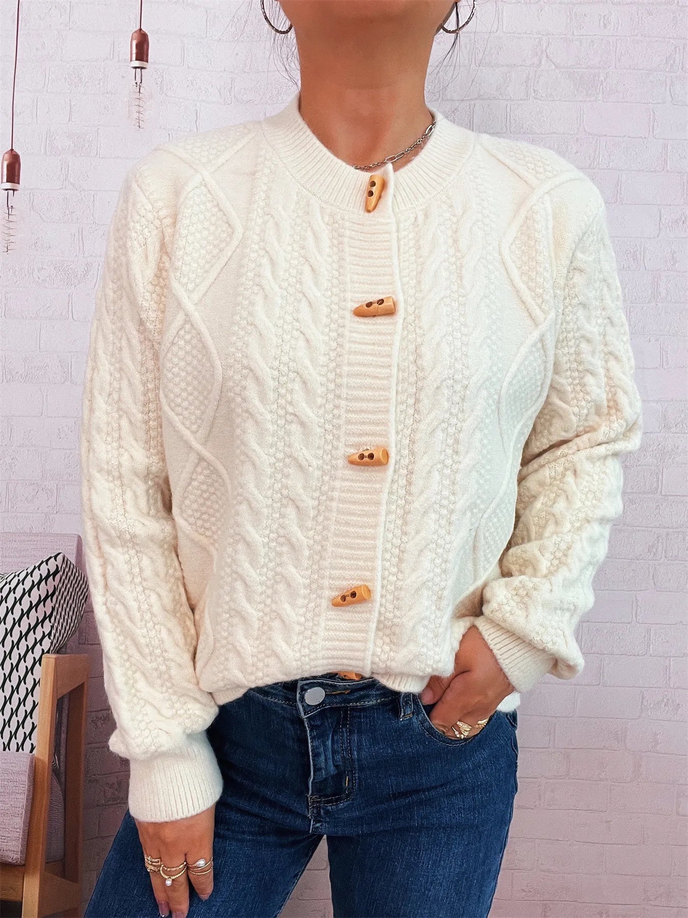 Cable Knit Button-Up Cardigan Easy Apparels
