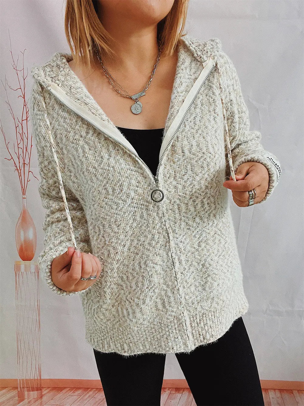 Zip Up Drawstring Long Sleeve Hooded Sweater Easy Apparels