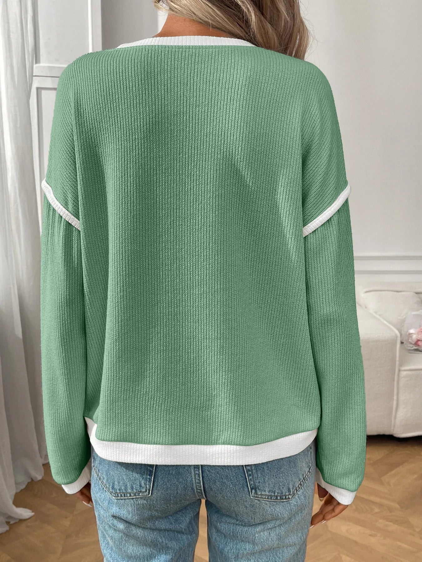 Trendsi Ribbed Contrast Trim Long Sleeve Top