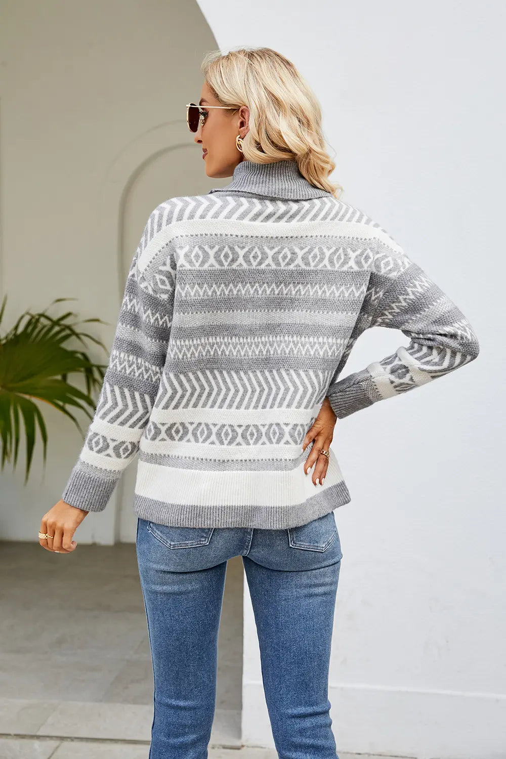 Geometric Turtleneck Long Sleeve Sweater Easy Apparels