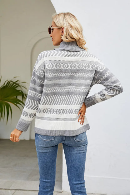 Geometric Turtleneck Long Sleeve Sweater Easy Apparels