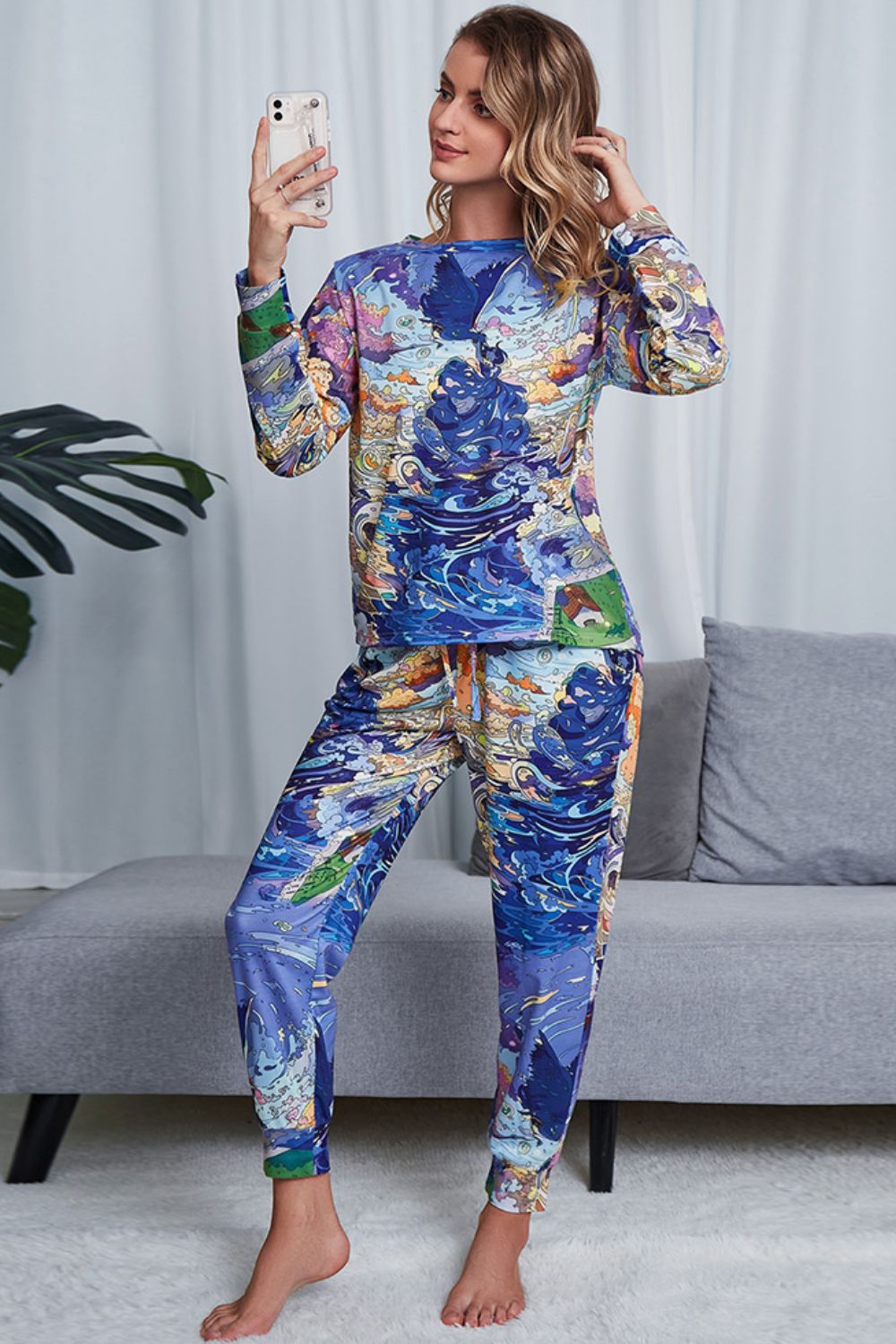Shiny Tie-Dye Crewneck Top and Drawstring Waist Joggers Lounge Set Easy Apparels