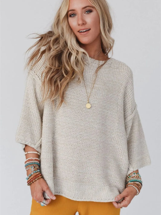 Trendsi Round Neck Oversized Knit Top with Relaxed Fit Apricot