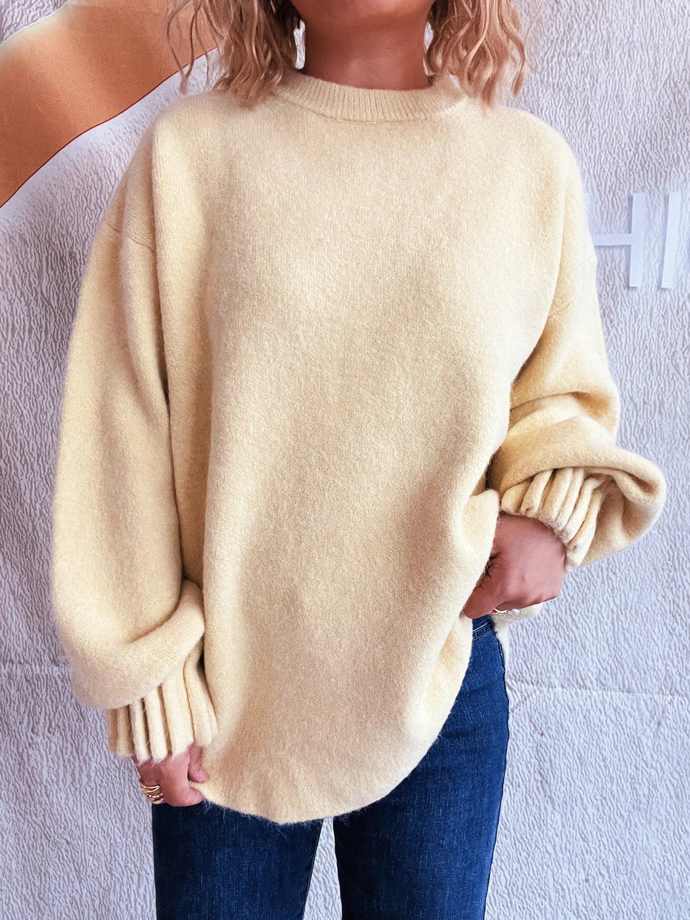Trendsi Round Neck Dropped Shoulder Sweater Yellow One Size