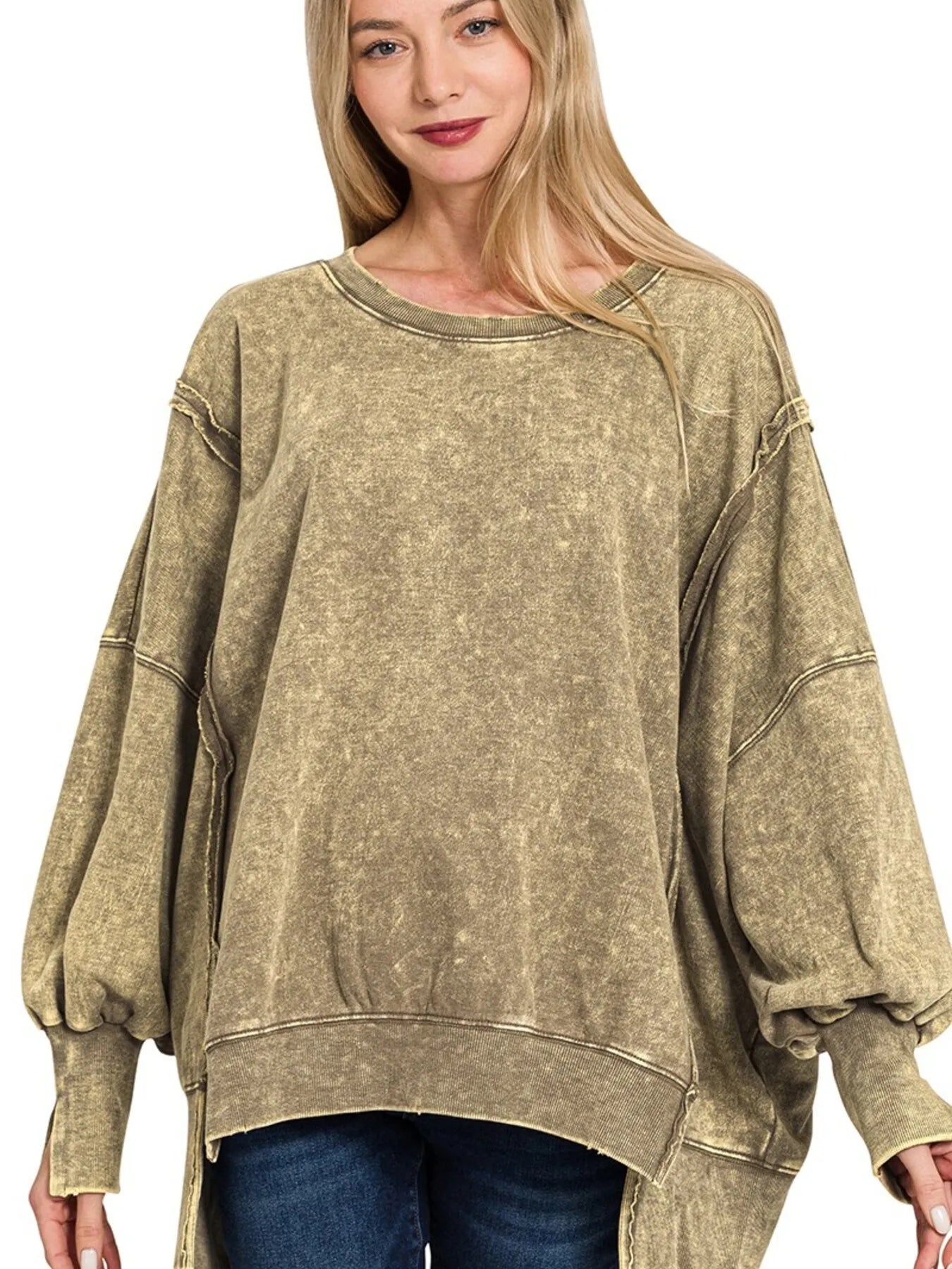 Trendsi Zenana Acid Wash Exposed-Seam High Low Sweatshirt MOCHA