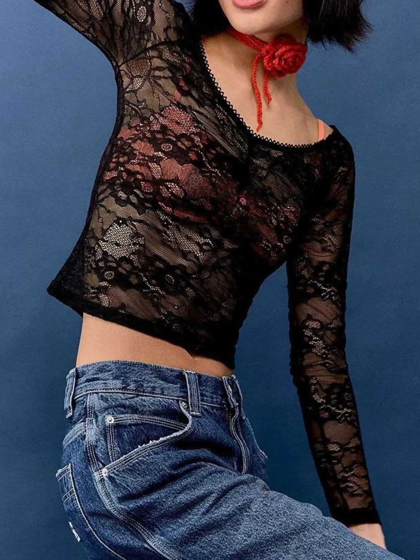 Trendsi Lace Sheer Long Sleeve T-Shirt
