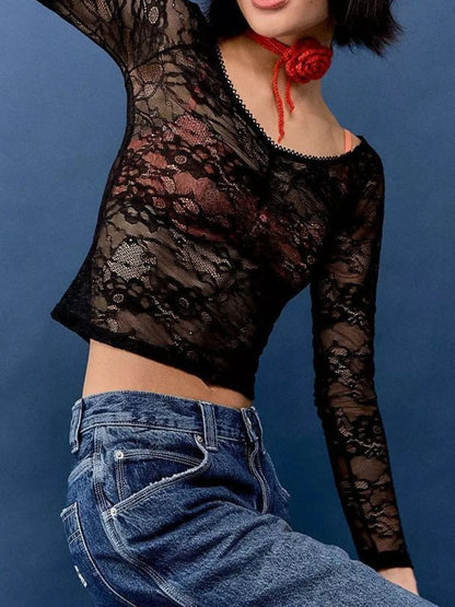 Trendsi Lace Sheer Long Sleeve T-Shirt
