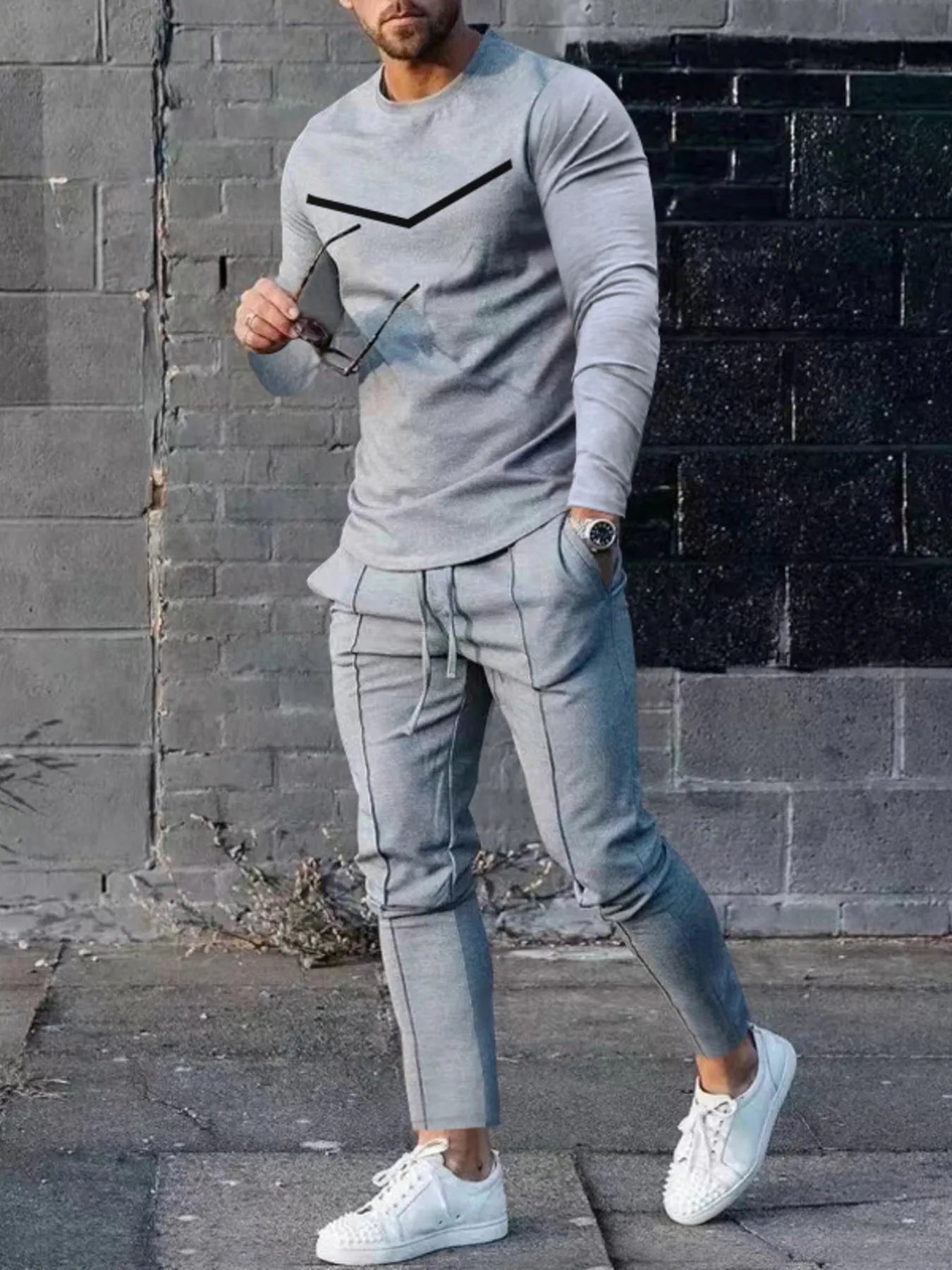 Men's Plus Size Round Neck Long Sleeve Top and Pants Set Light Gray Easy Apparels