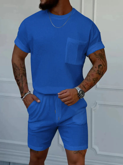 Men's Full Size Round Neck Short Sleeve Top and Shorts Set Plus Size Royal Blue Easy Apparels
