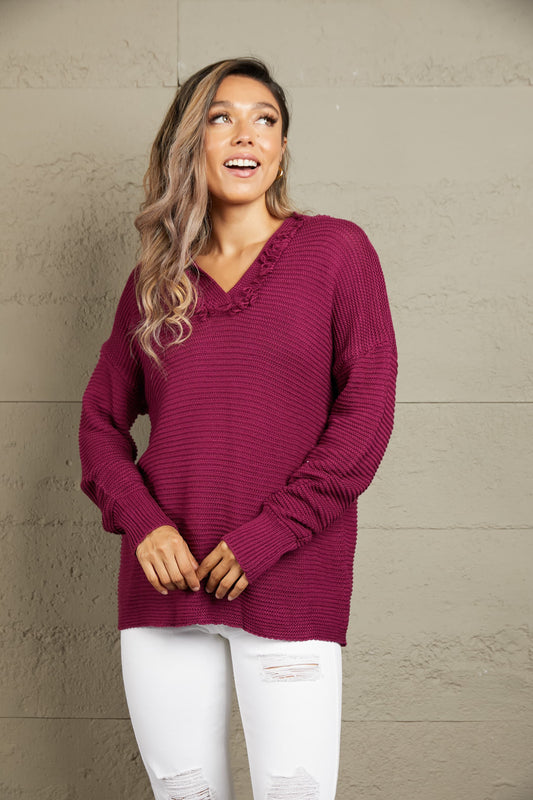 Woven Right Horizontal Ribbing Fringe Trim Hooded Sweater Red Easy Apparels