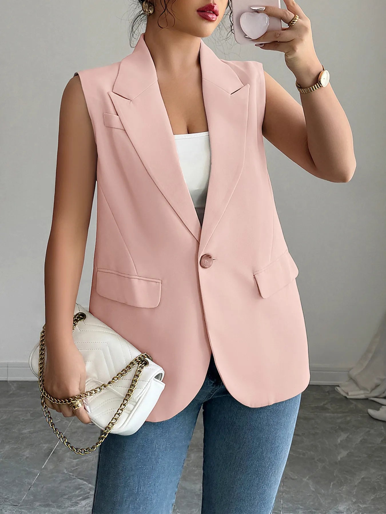 One Button V-Neck Blazer Vest Coat Easy Apparels