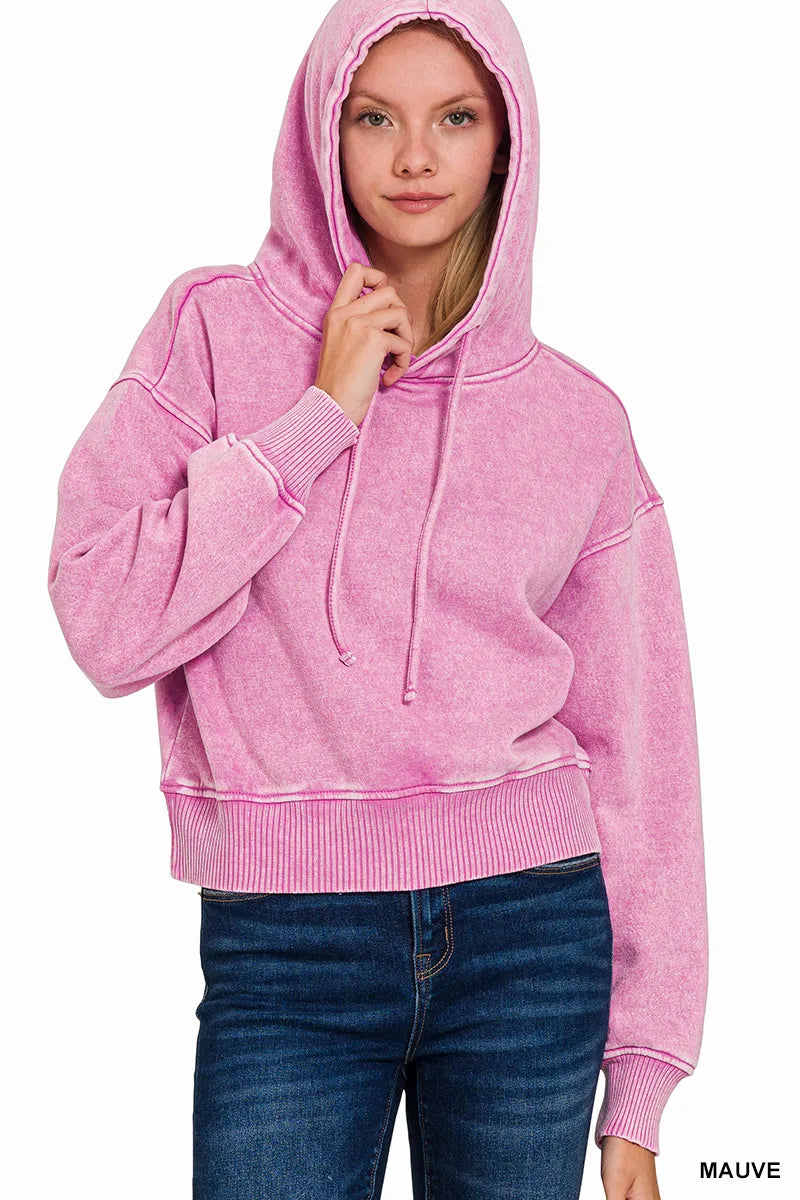 Trendsi Zenana Acid Wash Fleece Drawstring Cropped Hoodie