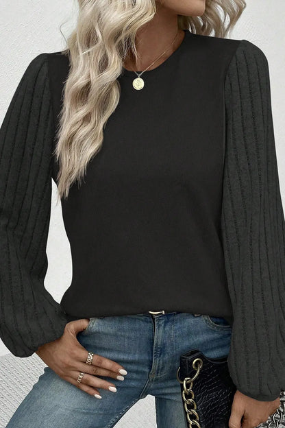 Trendsi Ribbed Round Neck Long Sleeve Knit Top Black