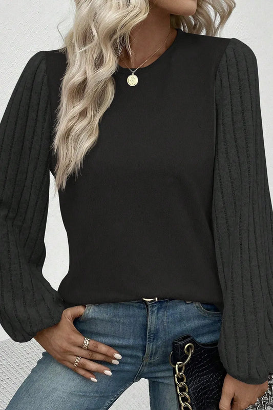 Trendsi Ribbed Round Neck Long Sleeve Knit Top Black