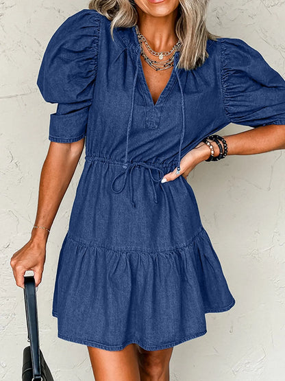 Drawstring High Waist Puff Sleeve Denim Mini Dress Easy Apparels