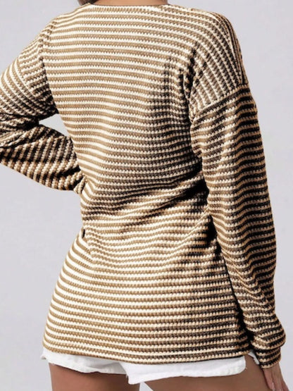 Trendsi Striped Button Detail Long Sleeve Top
