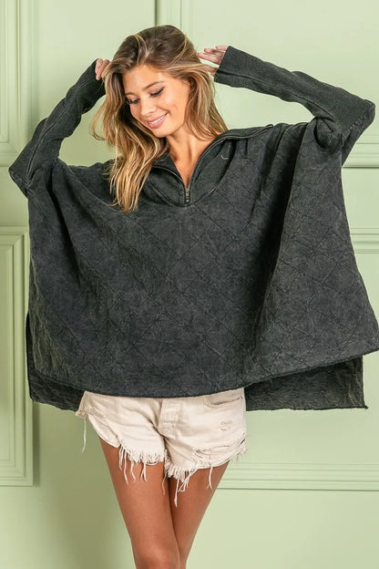 Trendsi BiBi Vintage Washed Quilted Half Zip Top