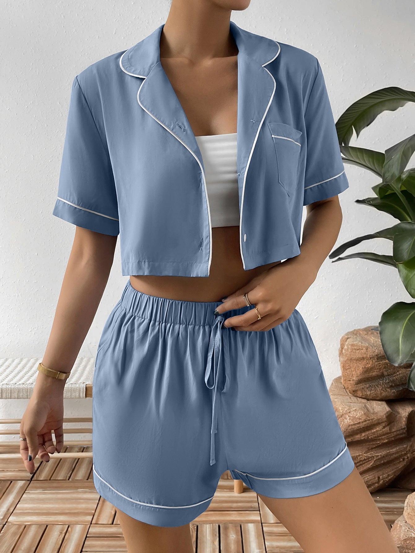 Ivy Lane Contrast Lapel Collar Cropped Shirt and Shorts Lounge Set Easy Apparels
