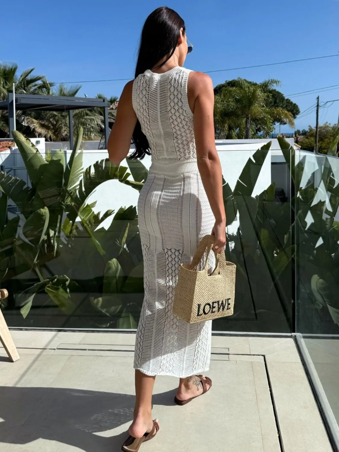 Openwork Round Neck Top and Slit Skirt Sweater Set Easy Apparels
