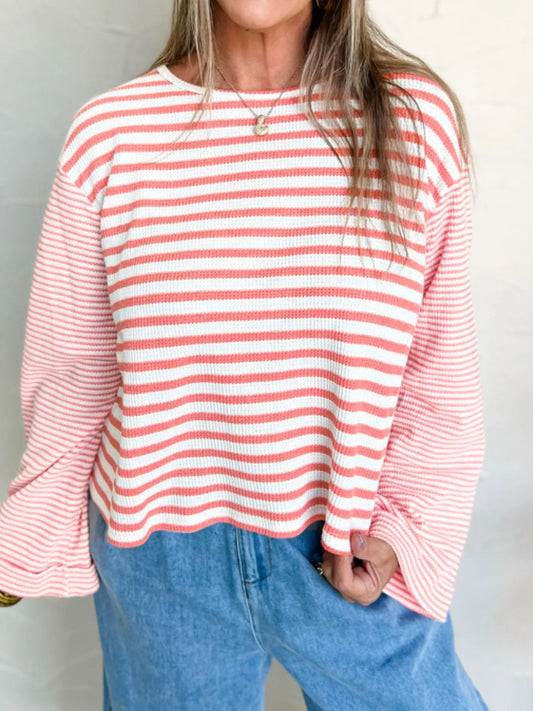 Trendsi Striped Long Sleeve Ribbed Blouse Blush Pink