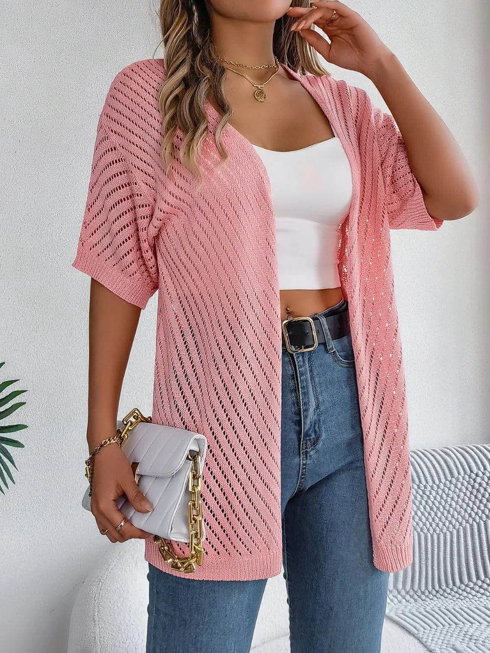 Openwork Open Front Half Sleeve Cardigan Easy Apparels