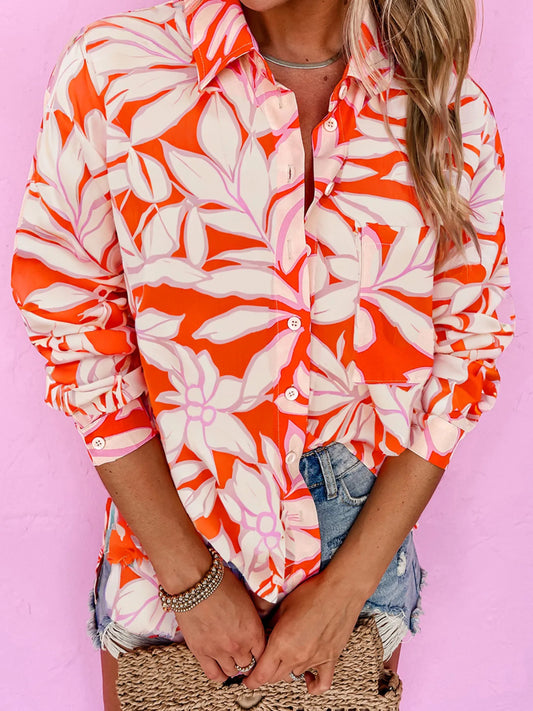Trendsi Botanical Print Single Chest Pocket Button Up Shirt Orange