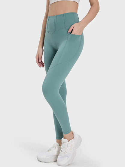 Millennia Pocketed High Waist Active Leggings Teal Easy Apparels