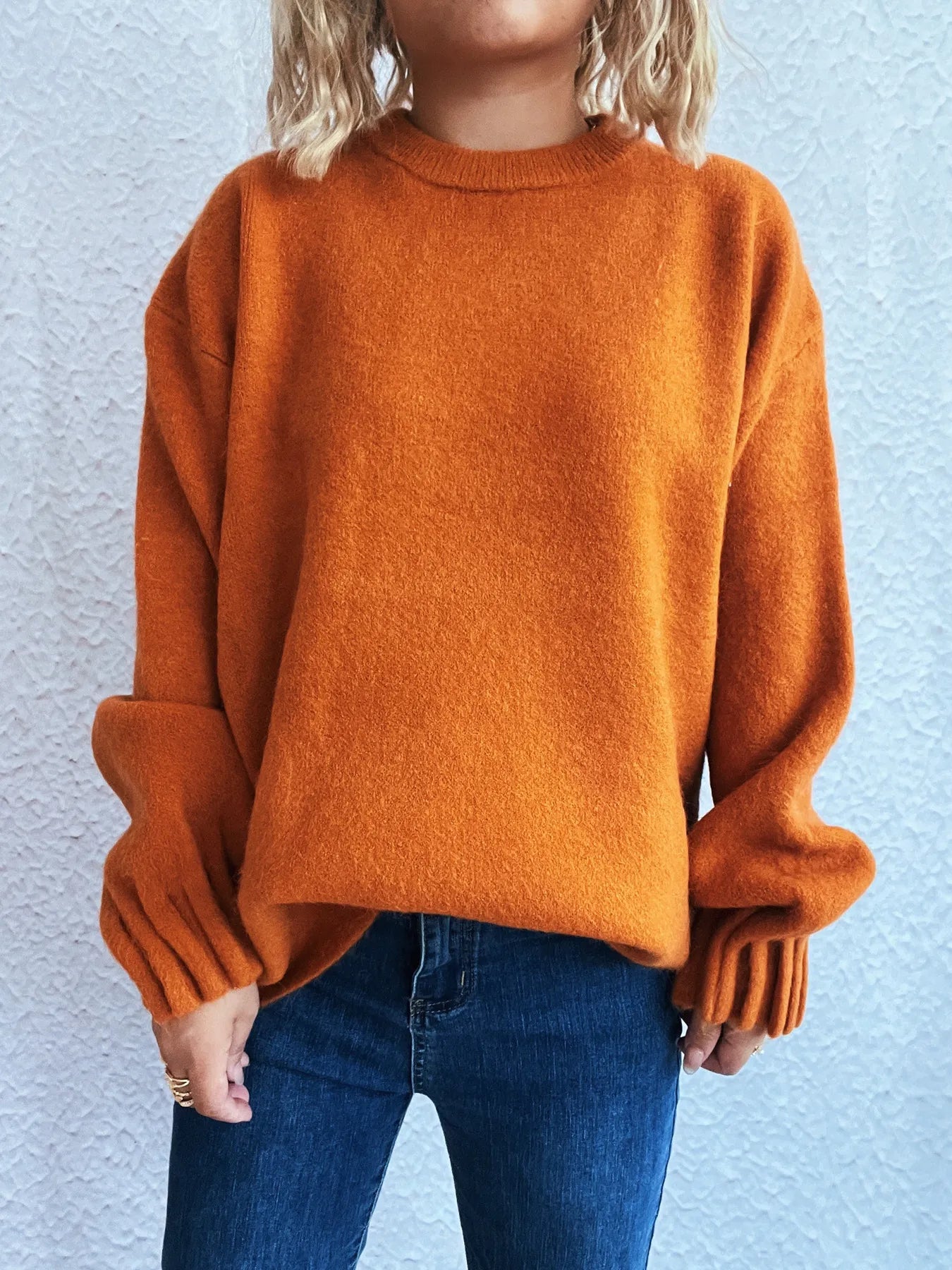 Trendsi Round Neck Dropped Shoulder Sweater Orange One Size