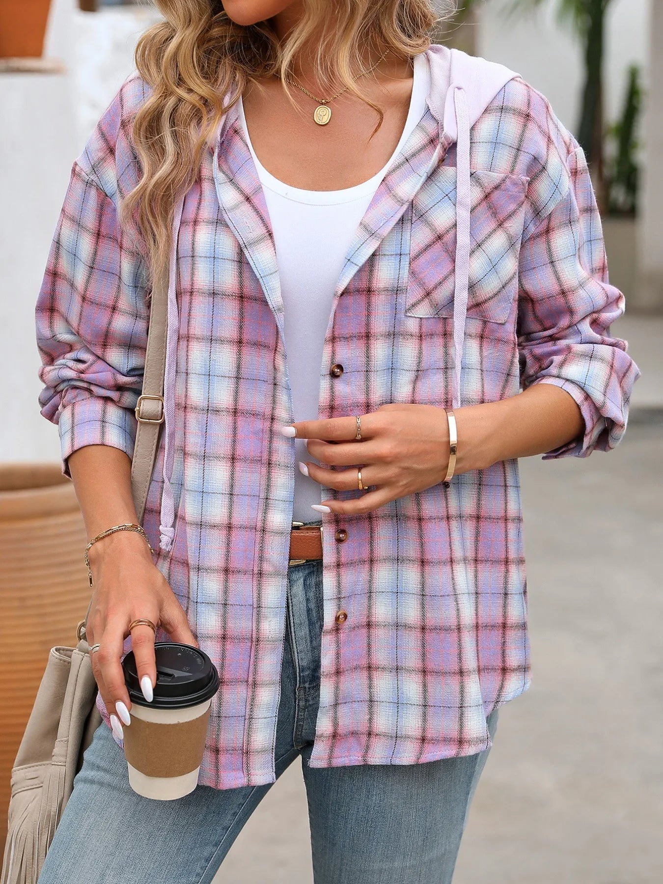 Trendsi Plaid Button-Up Hooded Shirt
